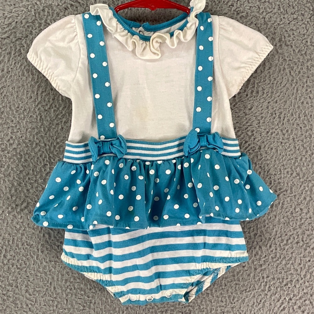 Peanuts Bodysuit Baby Girl 18M Blue White Polka Dot Striped Ruffle Vintage USA